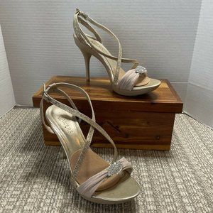 Womens 4” Heels Bakers Strappy Bling‎ Rhinestone sand colored worn ONCE Size 7M